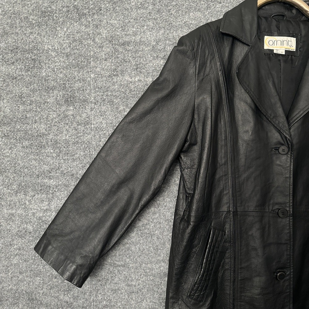 Vintage Omint Trench Coat Womens L Black Leather Long Classic Gothic Jacket - Picture 8 of 16